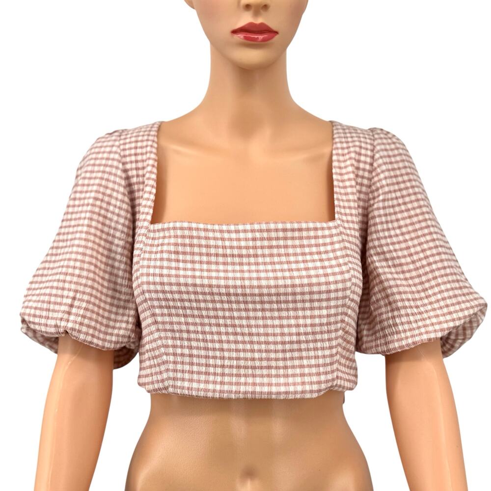 O.P.T. Womens Coquette Gingham Puff Sleeve Crop Top Size L Milkmaid Cottagecore